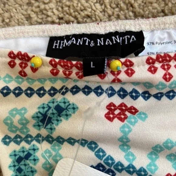 NWT! HEMANT & NANDITA printed size L off white Ananda two piece halter swim suit